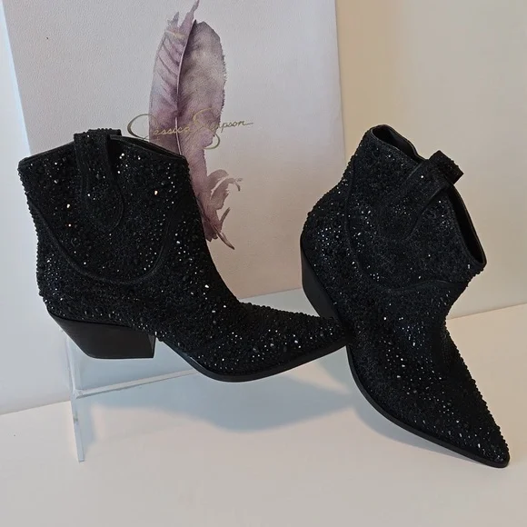 JESSICA SIMPSON BLACK GLITTER TAMIRA BOOTS NWOT 7M - Picture 2 of 7